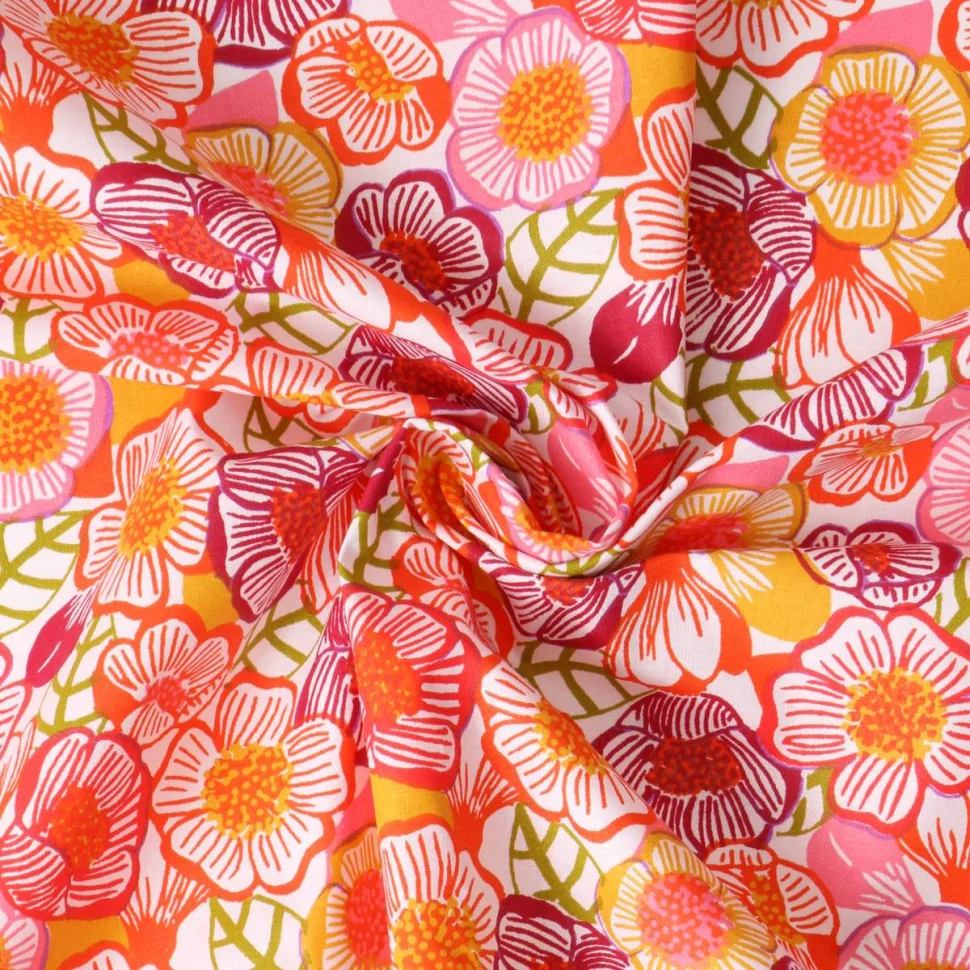 Tissu Popeline de Coton  Clem fleurs Roses sur fond Blanc