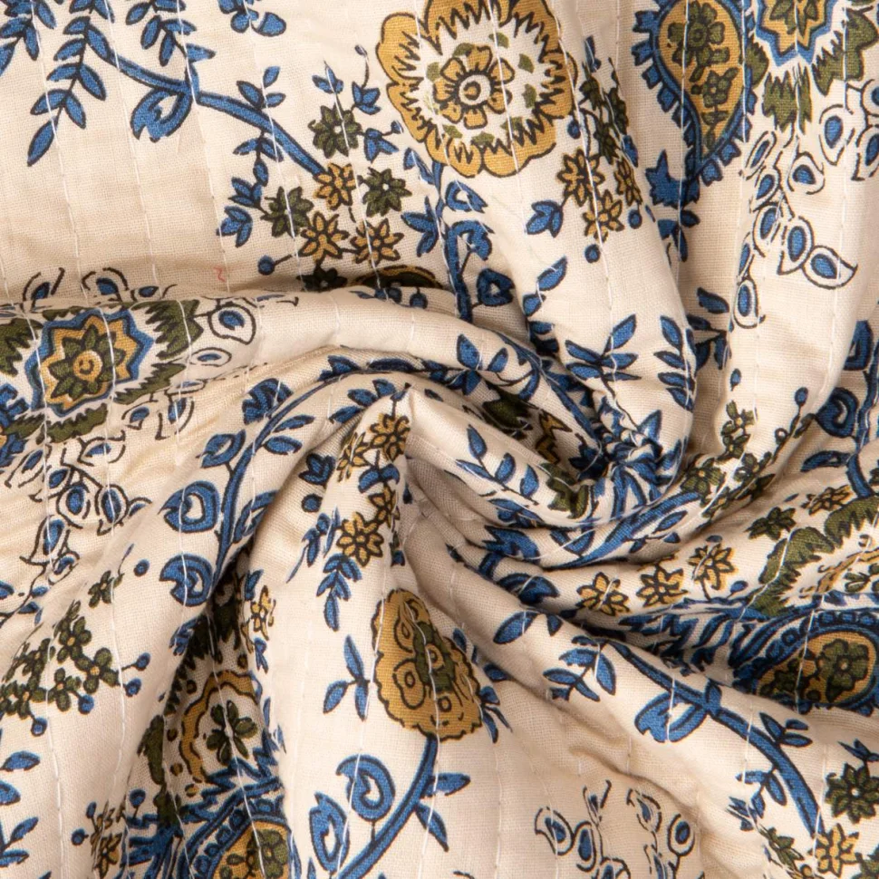 Tissu Coton Matelassé réversible Block print Indien Bombay sur fond Ecru