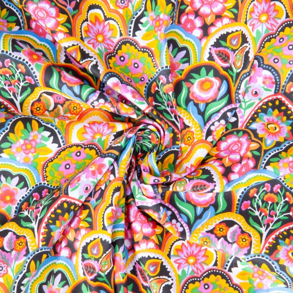Tissu Coton imprimé Arty Fiesta motif floral Multicolore sur fond Noir