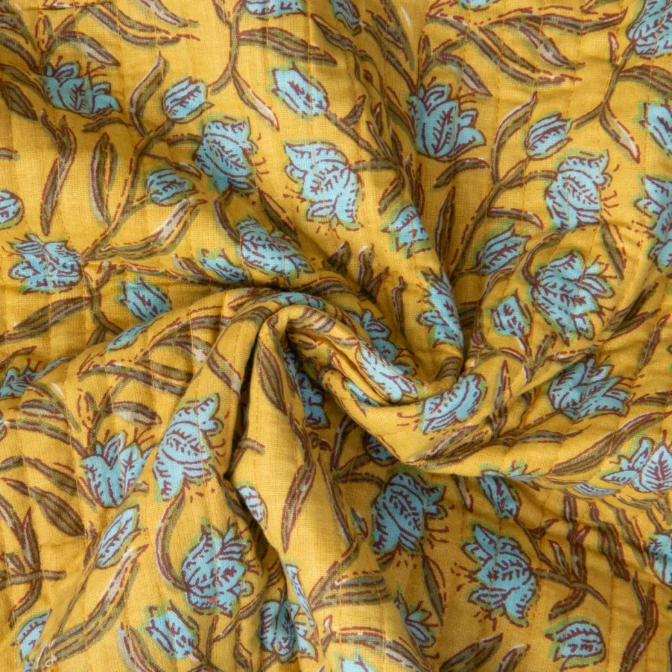 Tissu Coton Matelassé réversible Block print Indien Gange fleuris sur fond Jaune moutarde