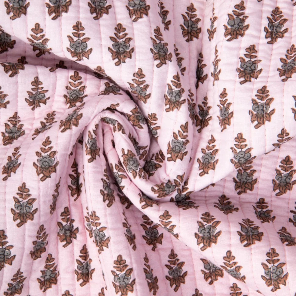 Tissu Coton Matelassé réversible Block print Indien Gange fleuris sur fond Rose pastel