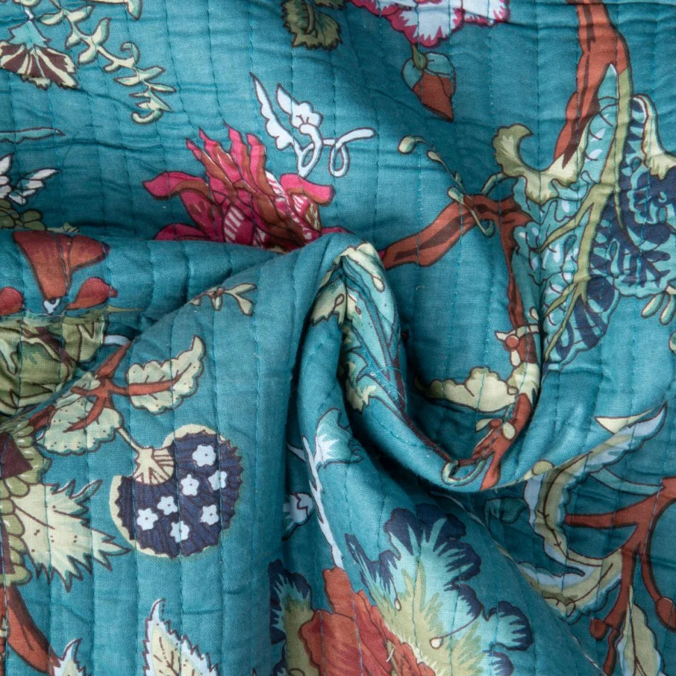 Tissu Coton Matelassé réversible Block print Indien Gange fleuris sur fond Bleu canard