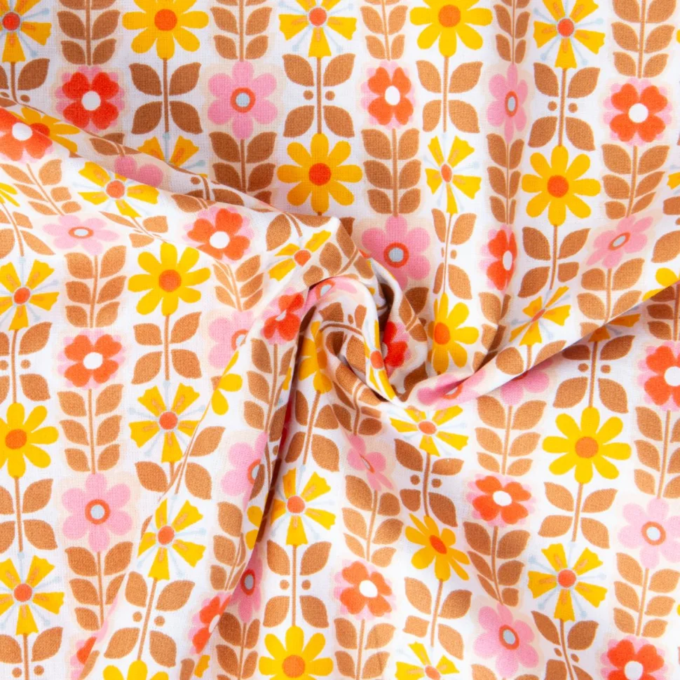 Tissu Coton imprimé Arty Zeplin floral rétro Safran sur fond Blanc