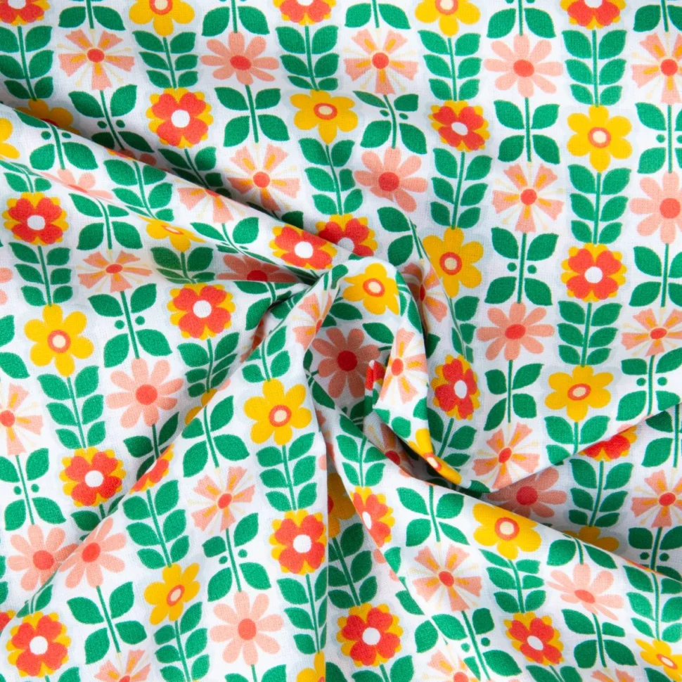 Tissu Coton imprimé Arty Zeplin floral rétro Vert sur fond Blanc